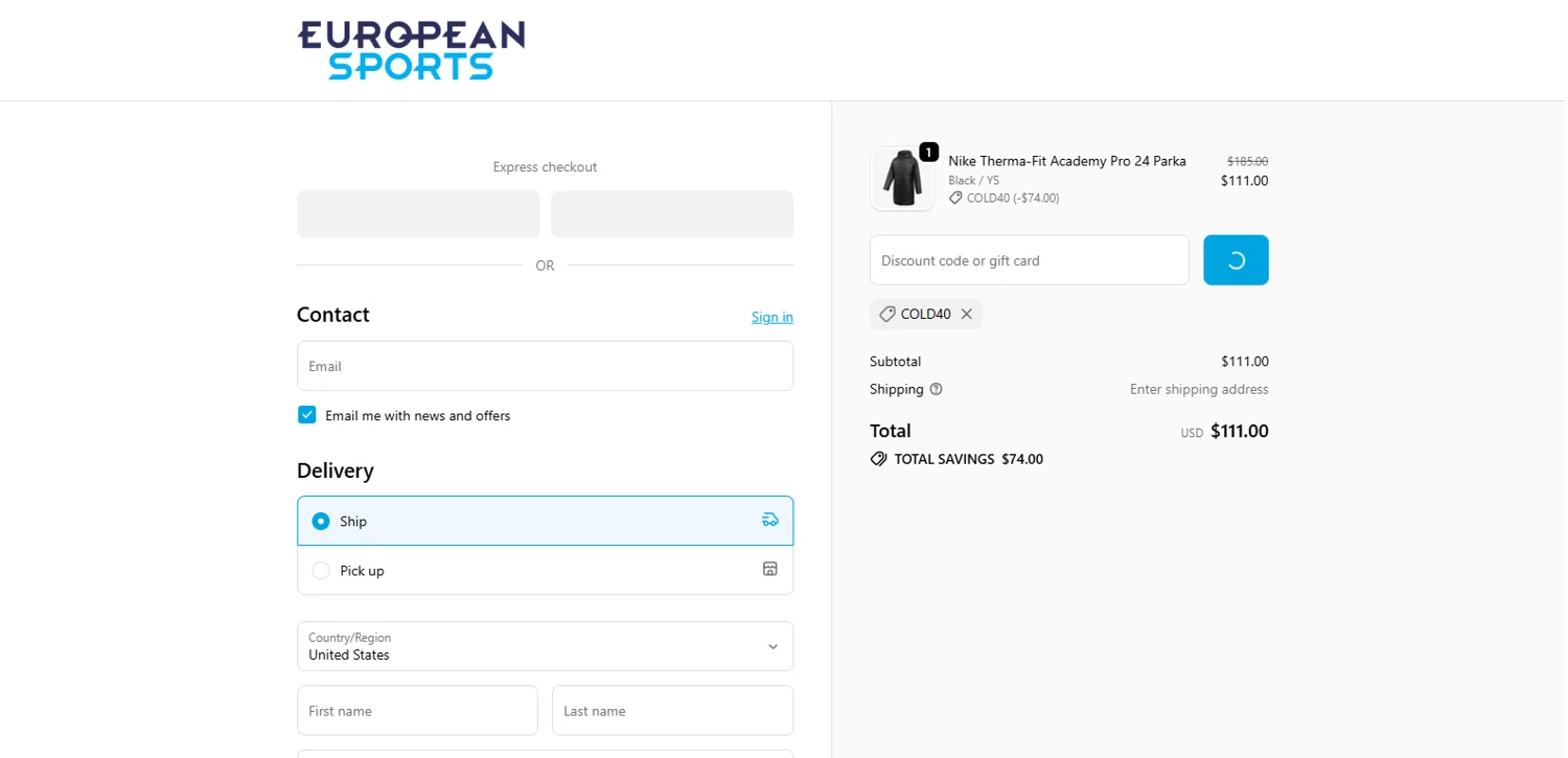 European Sports checkout page showing European Sports promo code box | Screenshot taken by SimplyCodes community member on Jan 8, 2026