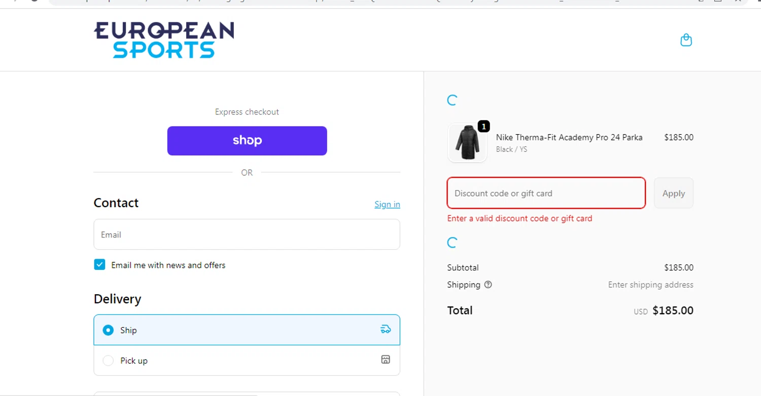 European Sports promo code screenshot showing code COLD40 applied at European Sports checkout page. Uploaded by SimplyCodes community member reinelysmalave on Jan 17, 2026