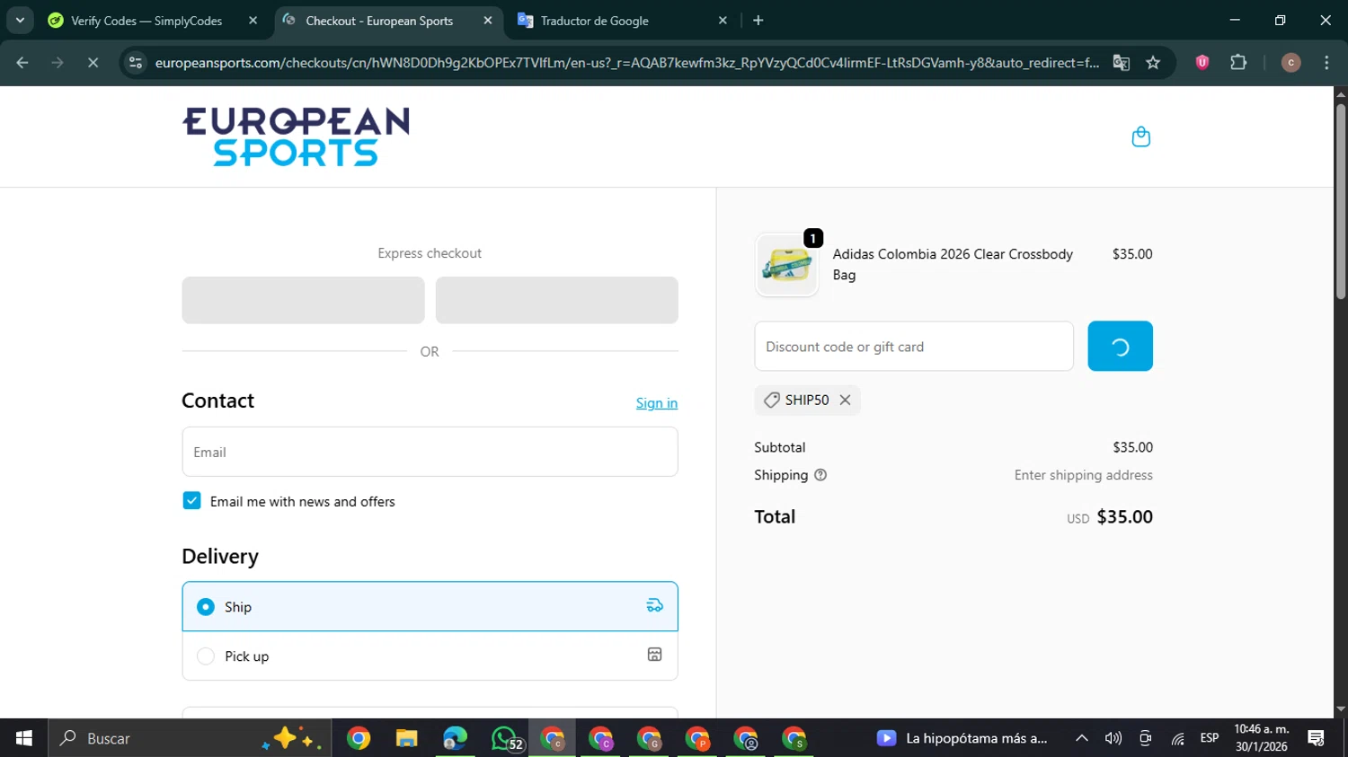 European Sports checkout page showing European Sports promo code box | Screenshot taken by SimplyCodes community member on Jan 30, 2026