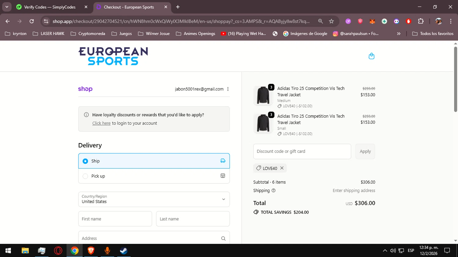 European Sports checkout page showing European Sports promo code box | Screenshot taken by SimplyCodes community member on Feb 12, 2026
