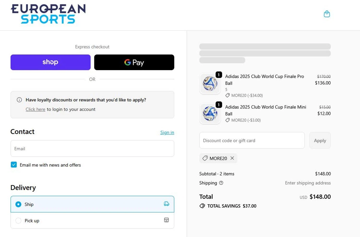 European Sports promo code screenshot showing code more20 applied at European Sports checkout page. Uploaded by SimplyCodes community member stygian1 on Dec 8, 2025