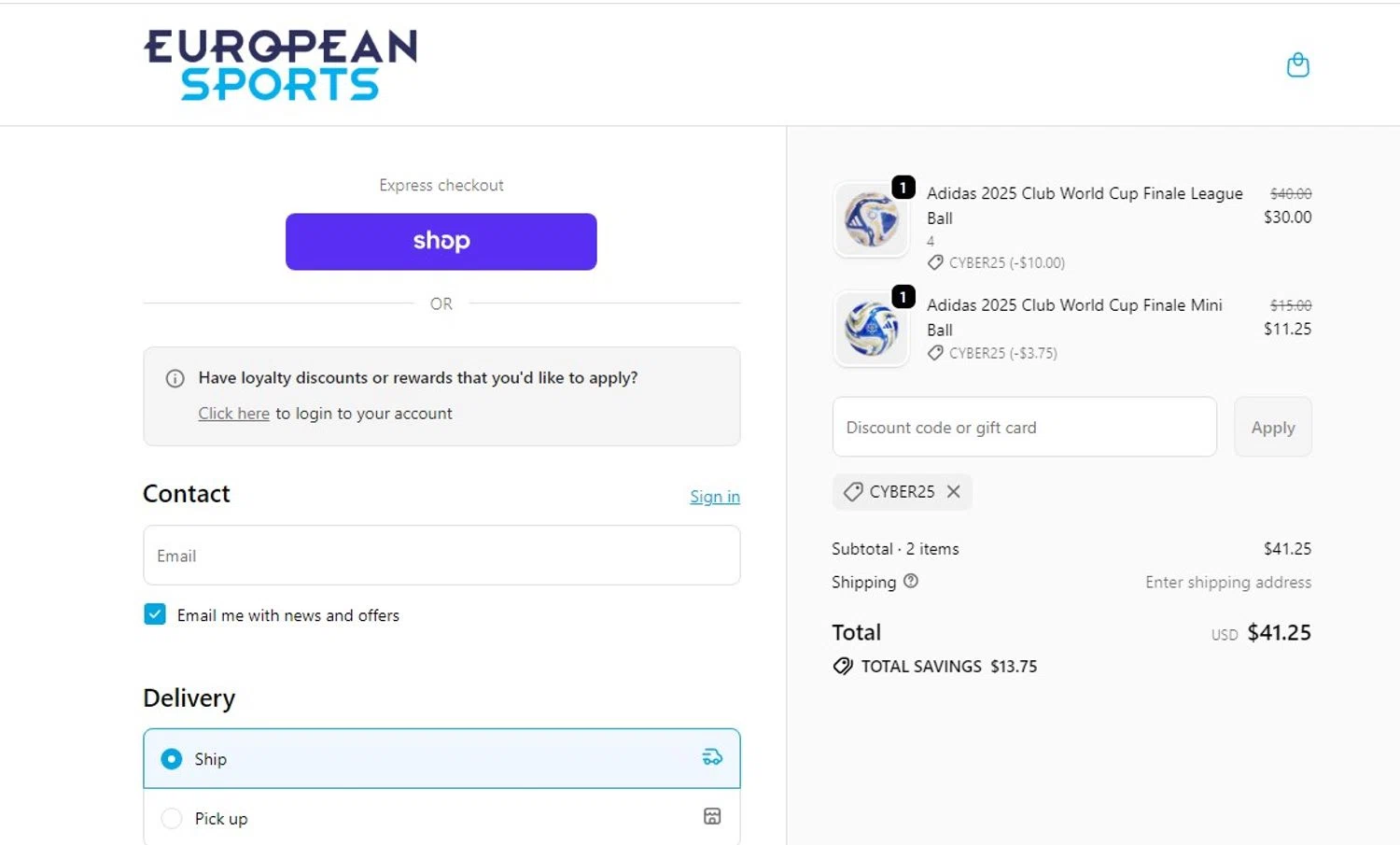 European Sports promo code screenshot showing code CYBER25 applied at European Sports checkout page. Uploaded by SimplyCodes community member ylenisjordan on Dec 1, 2025