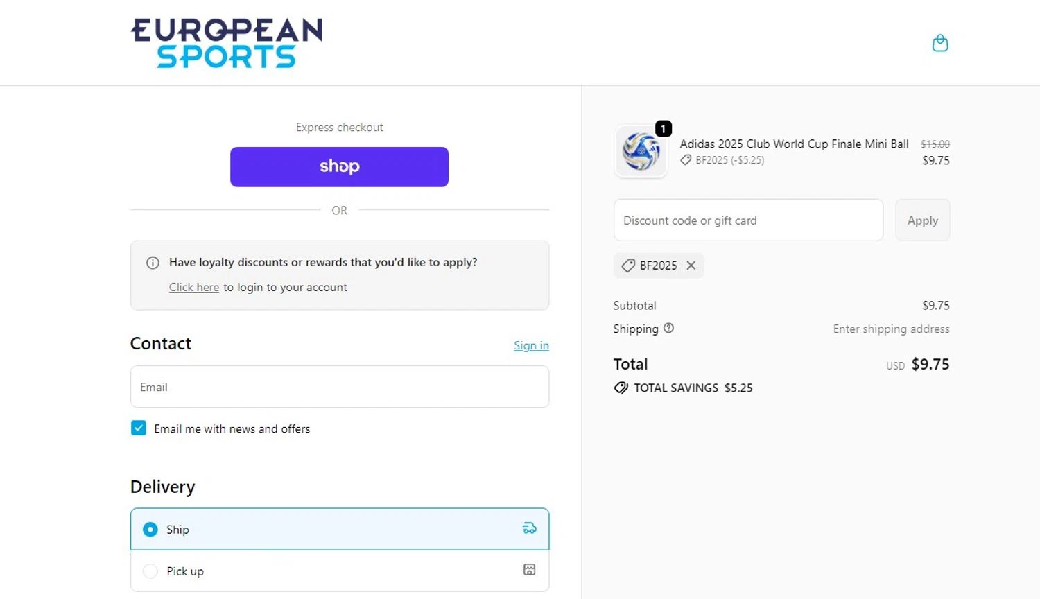 European Sports promo code screenshot showing code BF2025 applied at European Sports checkout page. Uploaded by SimplyCodes community member ylenisjordan on Nov 28, 2025