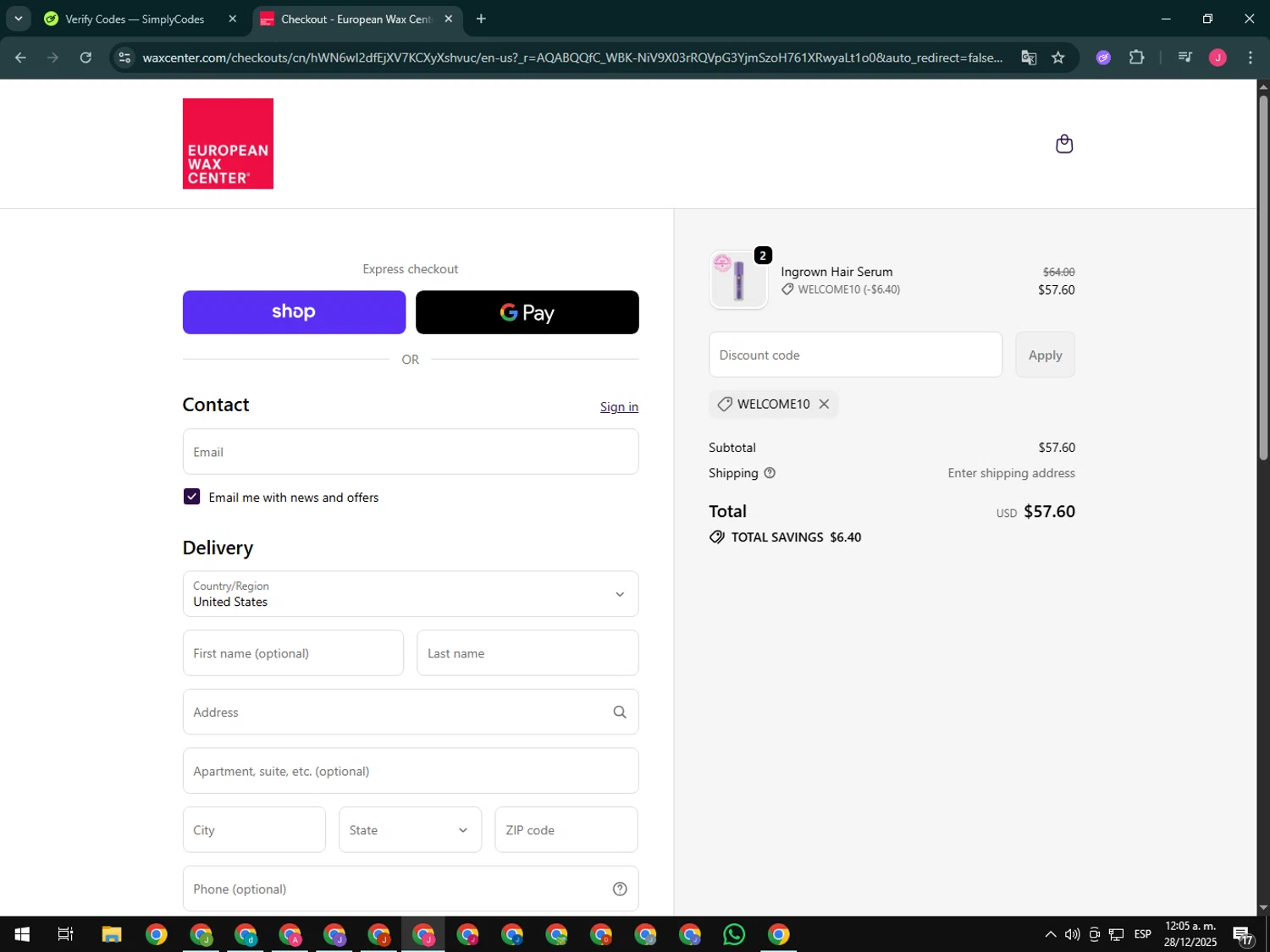 European Wax Center promo code screenshot showing code WELCOME10 applied at European Wax Center checkout page. Uploaded by SimplyCodes community member CleverShopper2101 on Dec 28, 2025