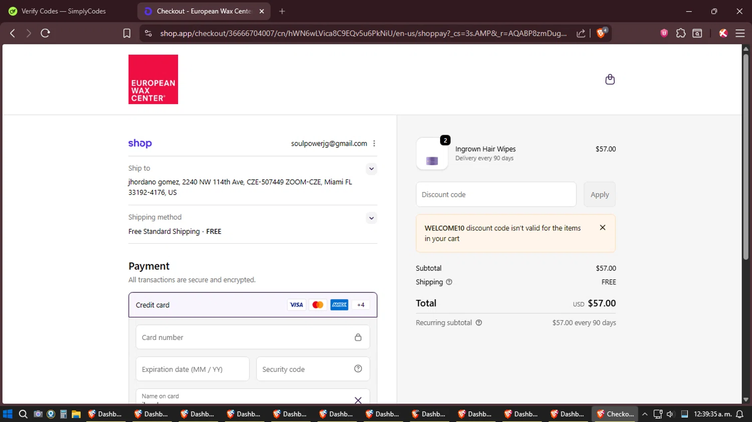 European Wax Center promo code screenshot showing code WELCOME10 applied at European Wax Center checkout page. Uploaded by SimplyCodes community member JhonatanGomez on Dec 28, 2025