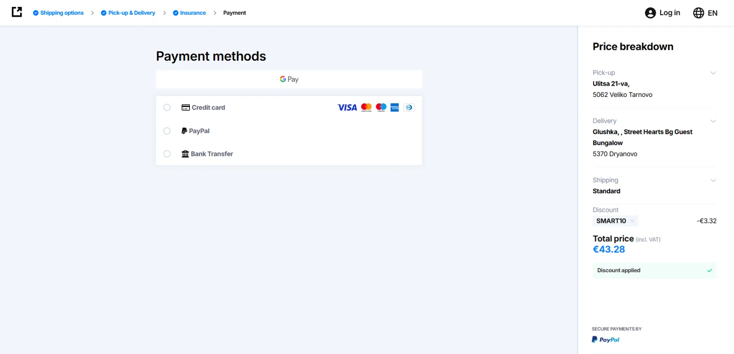 Eurosender discount code screenshot showing code SMART10 applied at Eurosender checkout page. Uploaded by SimplyCodes community member 1323535 on Mar 20, 2025