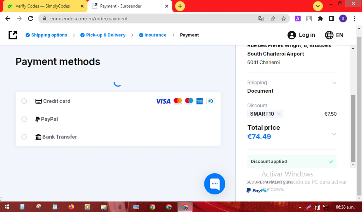 Eurosender discount code screenshot showing code SMART10 applied at Eurosender checkout page. Uploaded by SimplyCodes community member SilverMaven7655 on Sep 9, 2025