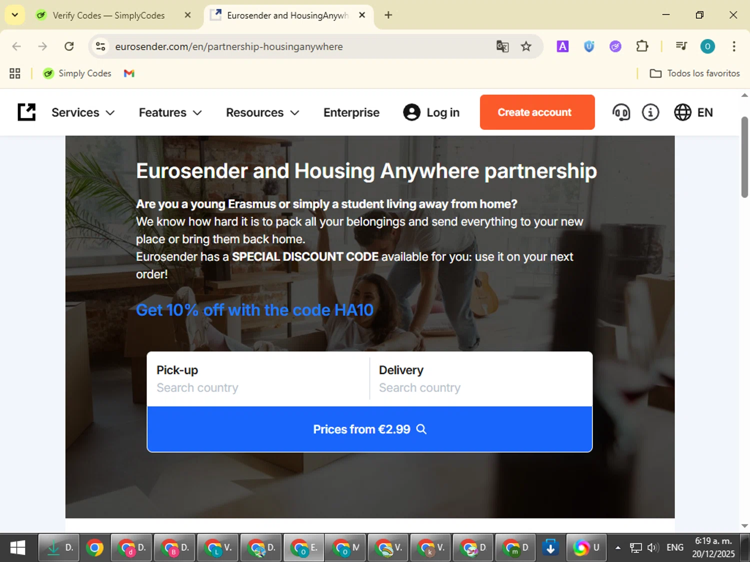 Eurosender discount code screenshot showing code HA10 applied at Eurosender checkout page. Uploaded by SimplyCodes community member BudgetSeeker9524 on Dec 20, 2025