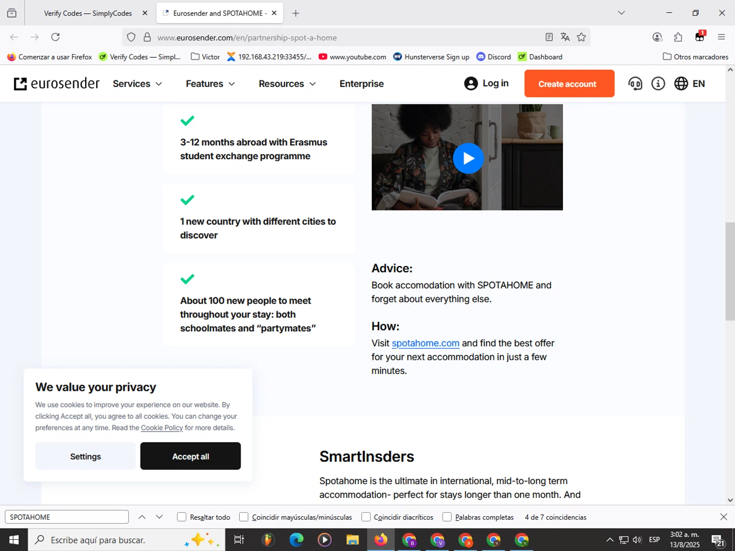 Eurosender discount code screenshot showing code SPOTAHOME applied at Eurosender checkout page. Uploaded by SimplyCodes community member Garou_Y2K on Aug 13, 2025