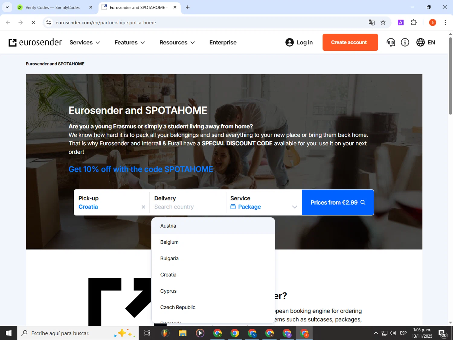 Eurosender discount code screenshot showing code SPOTAHOME applied at Eurosender checkout page. Uploaded by SimplyCodes community member partenalgas on Nov 13, 2025