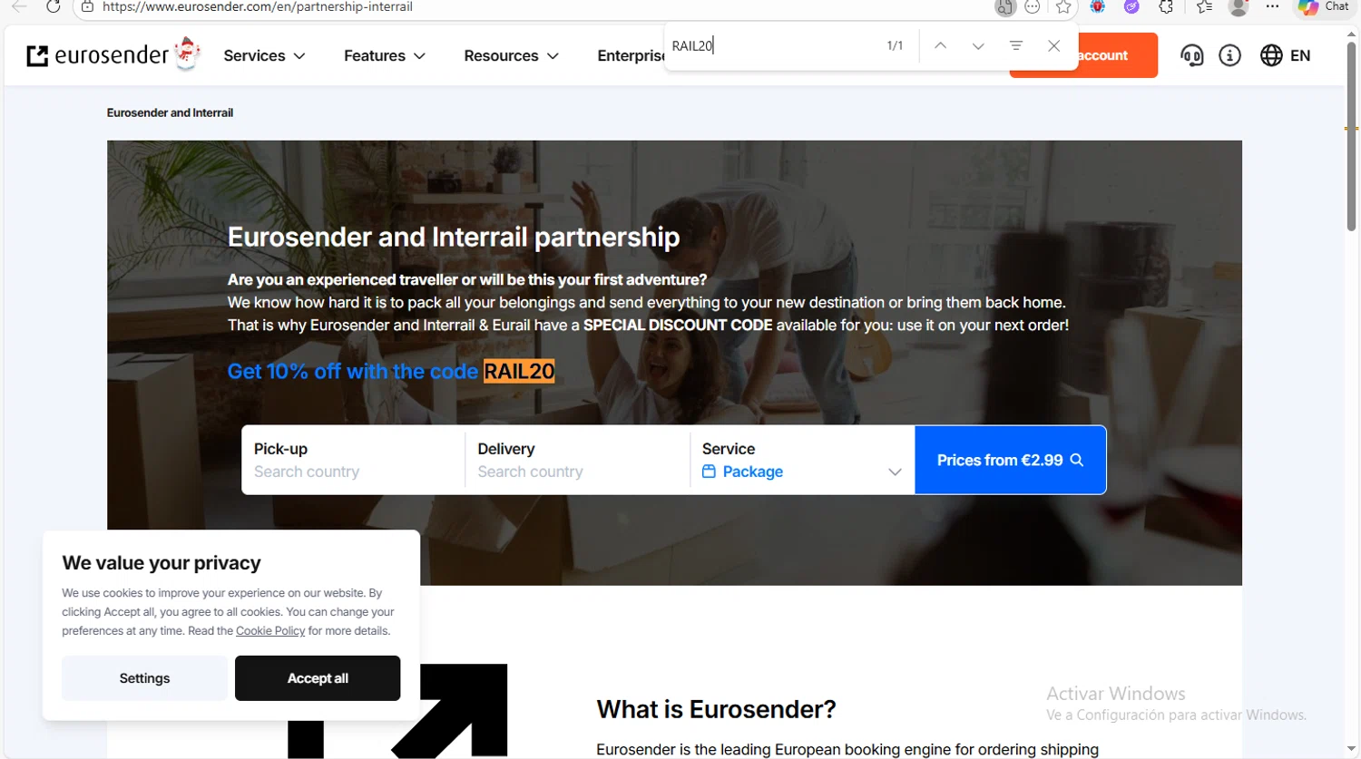 Eurosender discount code screenshot showing code RAIL20 applied at Eurosender checkout page. Uploaded by SimplyCodes community member Franco20 on Dec 24, 2025