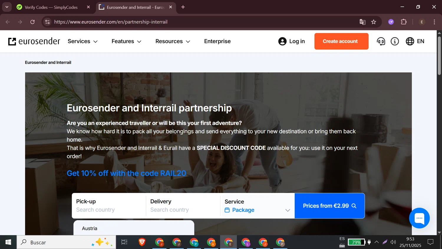 Eurosender discount code screenshot showing code RAIL20 applied at Eurosender checkout page. Uploaded by SimplyCodes community member elizabethjames on Nov 25, 2025