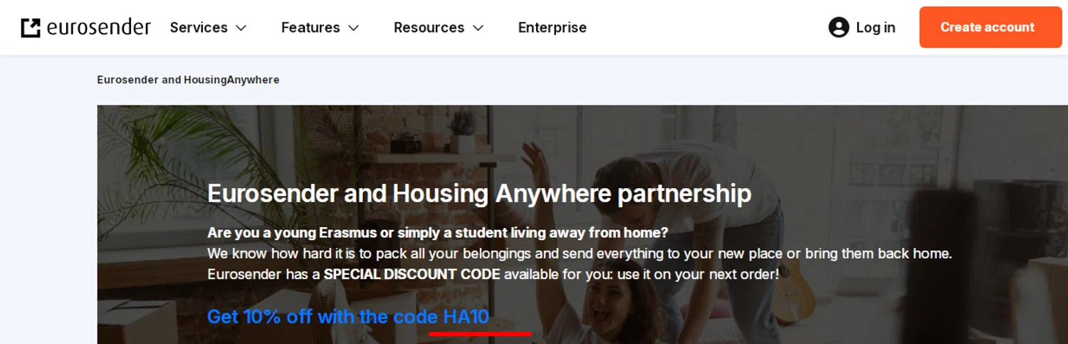 Eurosender discount code screenshot showing code HA10 applied at Eurosender checkout page. Uploaded by SimplyCodes community member RonaldAcunaJr on Nov 21, 2025
