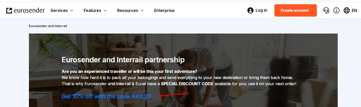 Eurosender discount code screenshot showing code RAIL20 applied at Eurosender checkout page. Uploaded by SimplyCodes community member RonaldAcunaJr on Aug 3, 2025