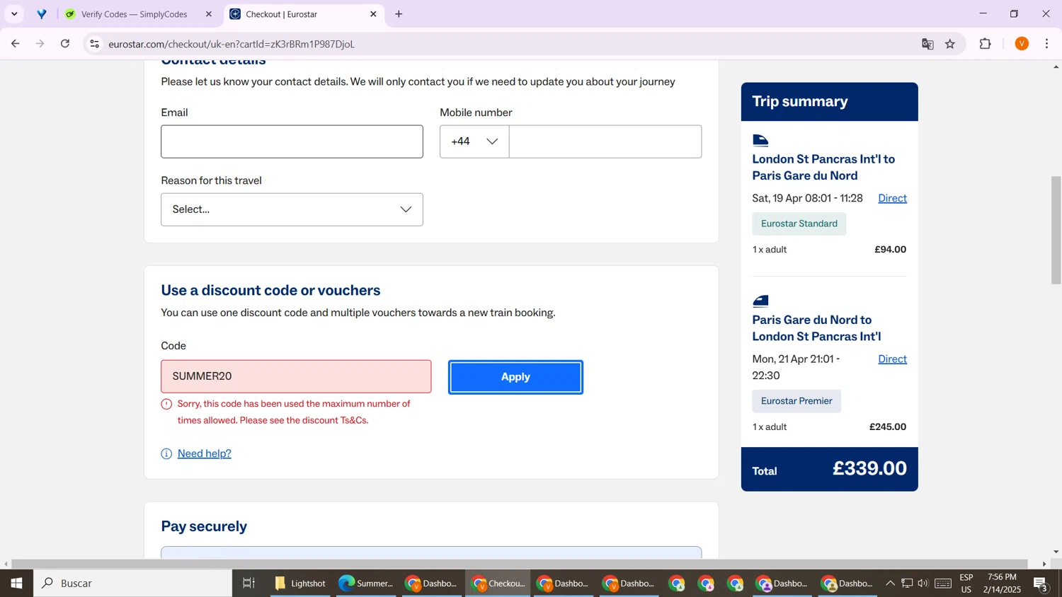 Eurostar Rail promo code screenshot showing code SUMMER20 applied at Eurostar Rail checkout page. Uploaded by SimplyCodes community member TheGrefg on Feb 14, 2025