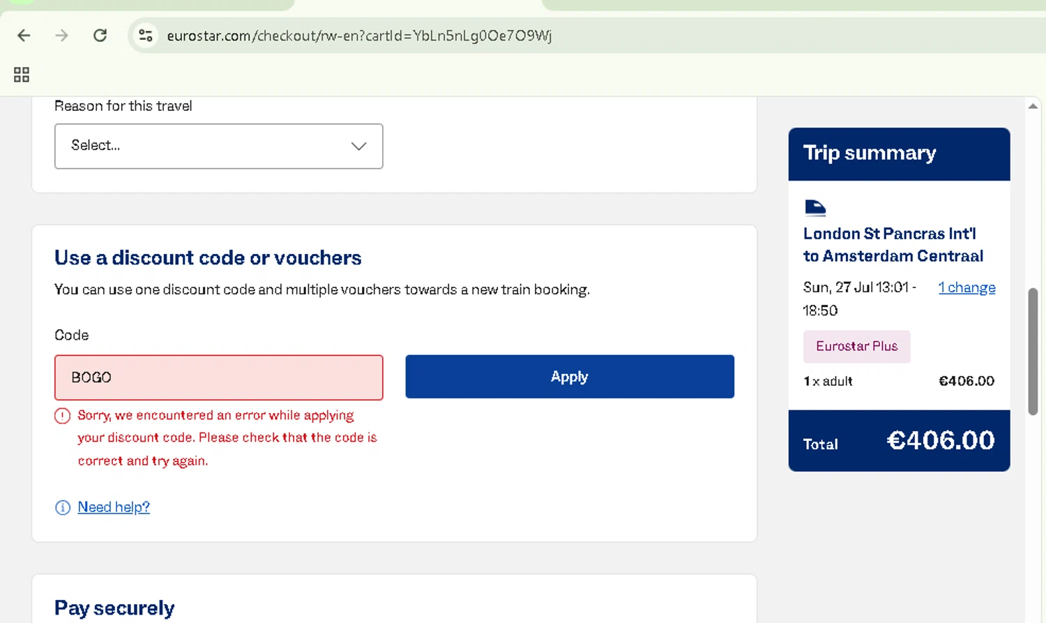 Eurostar Rail promo code screenshot showing code BOGO applied at Eurostar Rail checkout page. Uploaded by SimplyCodes community member NobleSentinel8535 on Jul 27, 2025