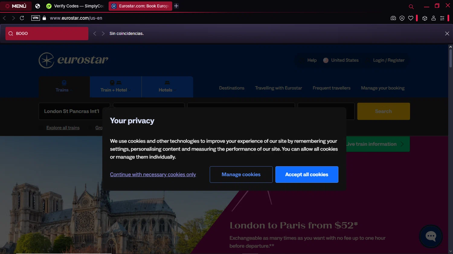 Eurostar Rail promo code screenshot showing code BOGO applied at Eurostar Rail checkout page. Uploaded by SimplyCodes community member ExtraordinaryPioneer5969 on Feb 14, 2025