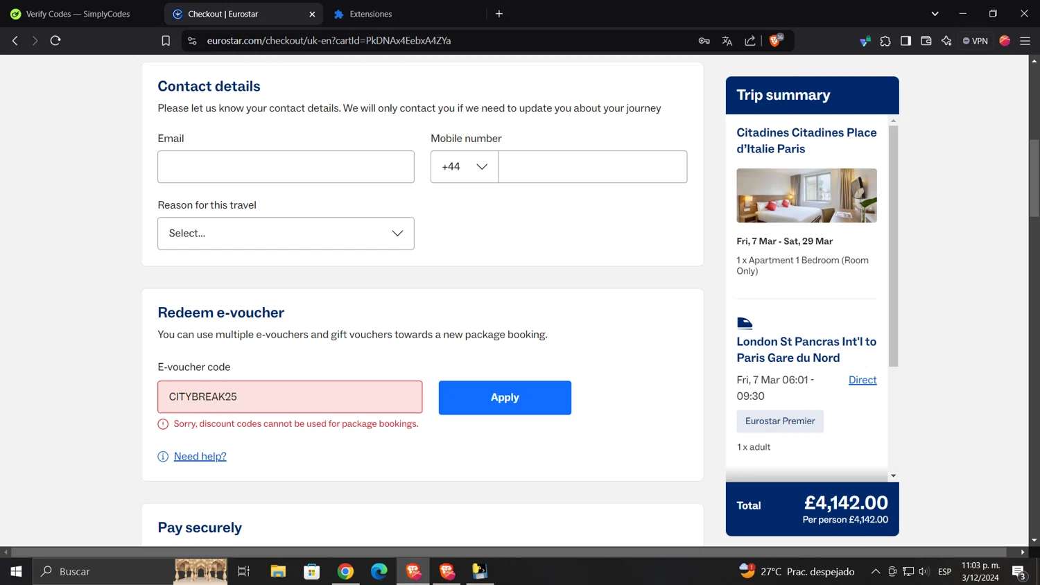 Eurostar Rail checkout page showing Eurostar Rail promo code box | Screenshot taken by SimplyCodes community member on Dec 4, 2024