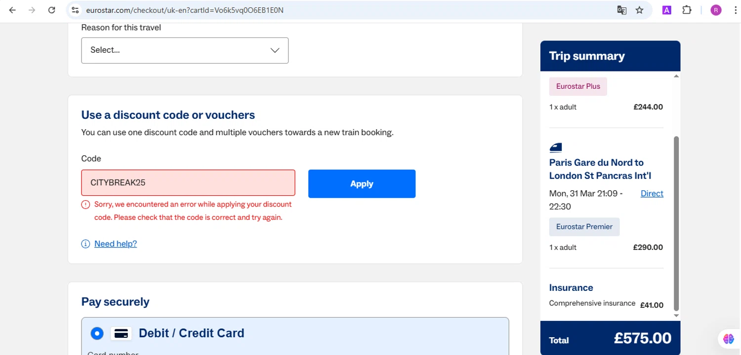 Eurostar Rail promo code screenshot showing code CITYBREAK25 applied at Eurostar Rail checkout page. Uploaded by SimplyCodes community member Marysan on Mar 31, 2025
