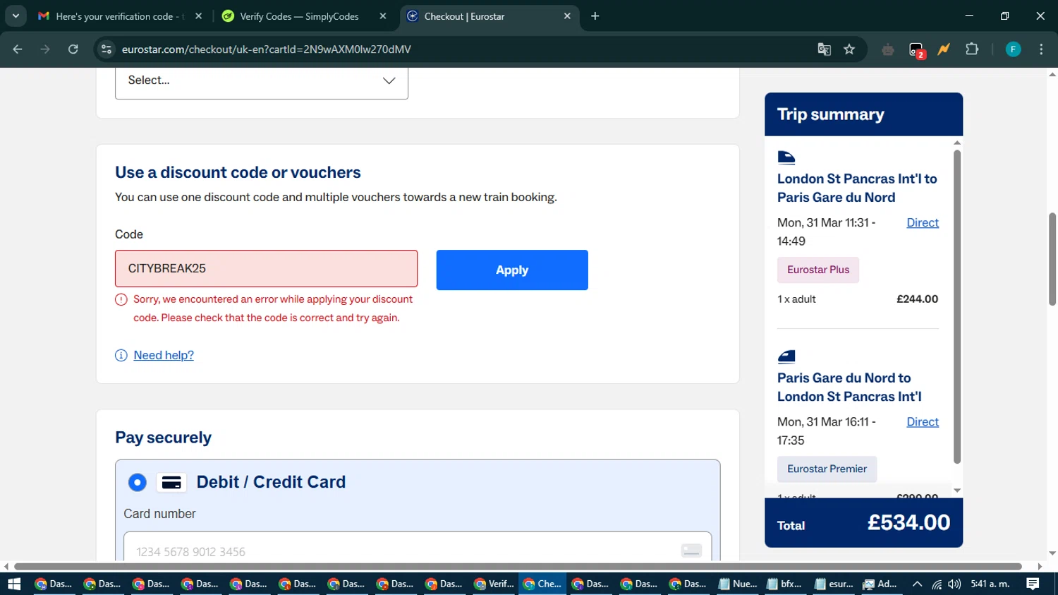 Eurostar Rail promo code screenshot showing code CITYBREAK25 applied at Eurostar Rail checkout page. Uploaded by SimplyCodes community member ShrewdTitan3233 on Mar 31, 2025