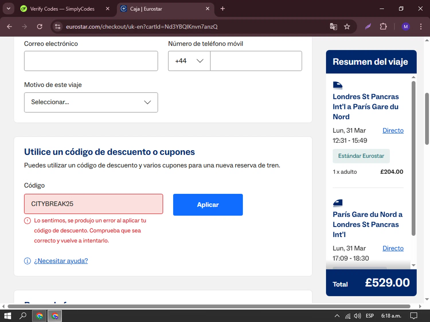 Eurostar Rail promo code screenshot showing code CITYBREAK25 applied at Eurostar Rail checkout page. Uploaded by SimplyCodes community member dominictoretto on Mar 31, 2025