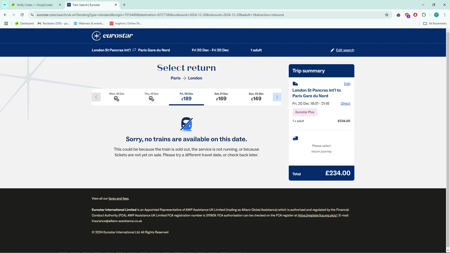 Eurostar Rail checkout page showing Eurostar Rail promo code box | Screenshot taken by SimplyCodes community member on Dec 20, 2024