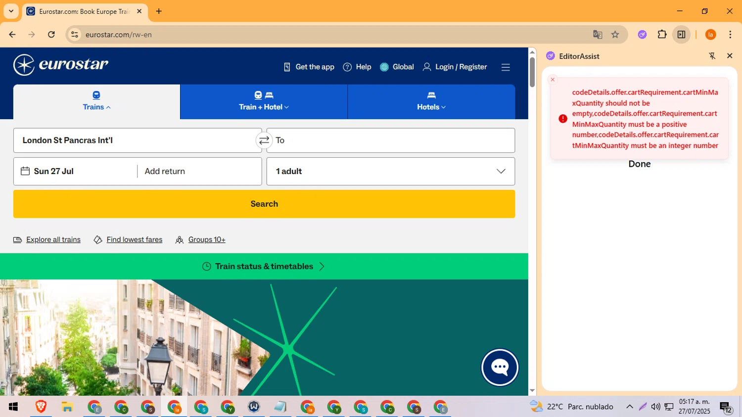 Eurostar Rail promo code screenshot showing code 30SUMMERPROMO applied at Eurostar Rail checkout page. Uploaded by SimplyCodes community member LegendaryFox4384 on Jul 27, 2025