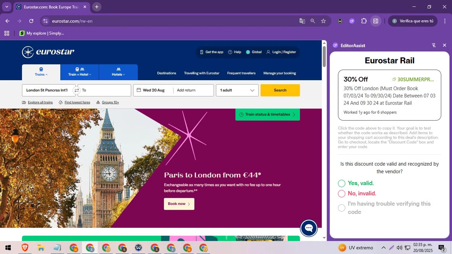 Eurostar Rail promo code screenshot showing code 30SUMMERPROMO applied at Eurostar Rail checkout page. Uploaded by SimplyCodes community member MoneySeeker8573 on Aug 20, 2025