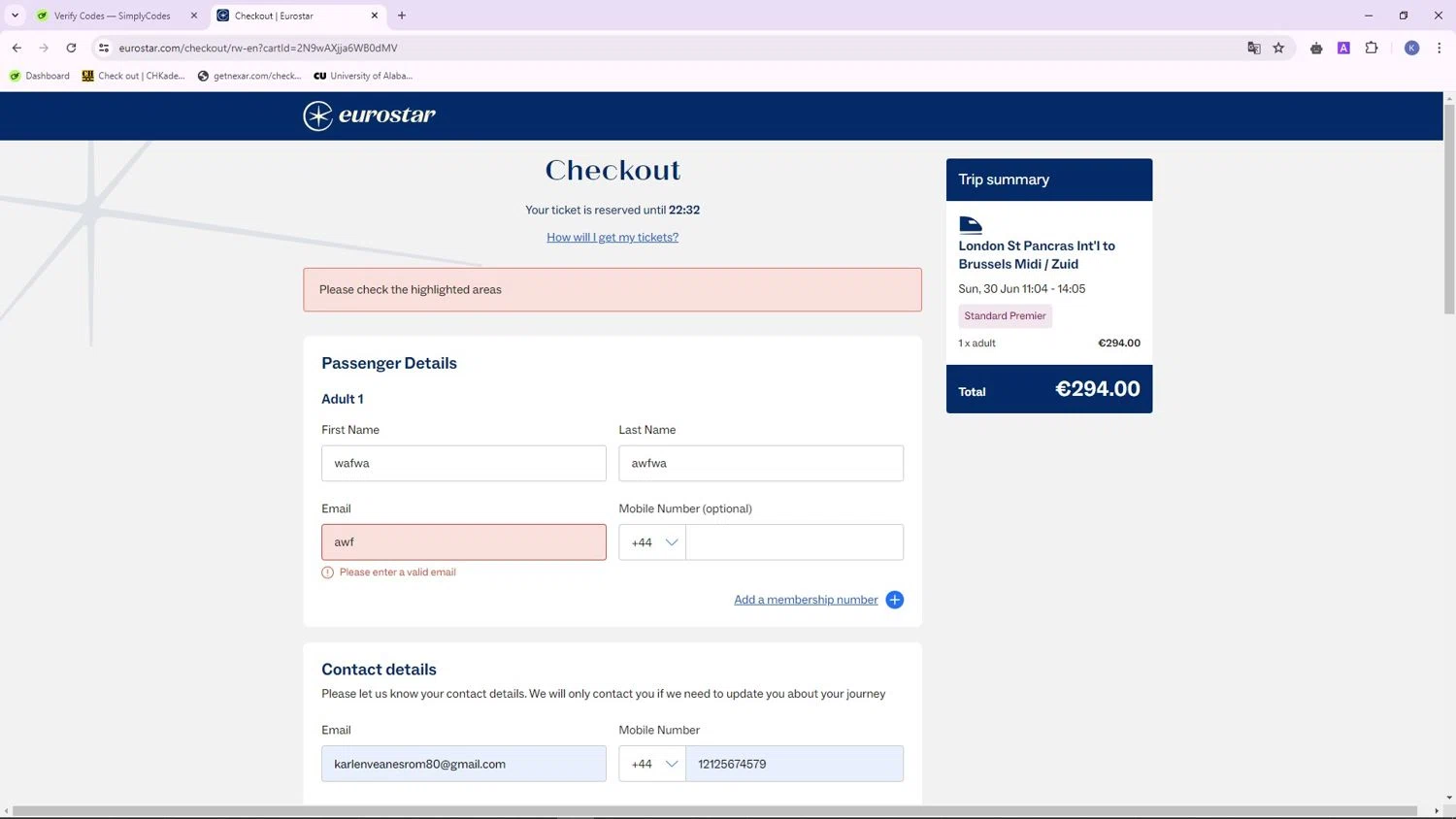 Eurostar Rail checkout page showing Eurostar Rail promo code box | Screenshot taken by SimplyCodes community member on Jun 30, 2024