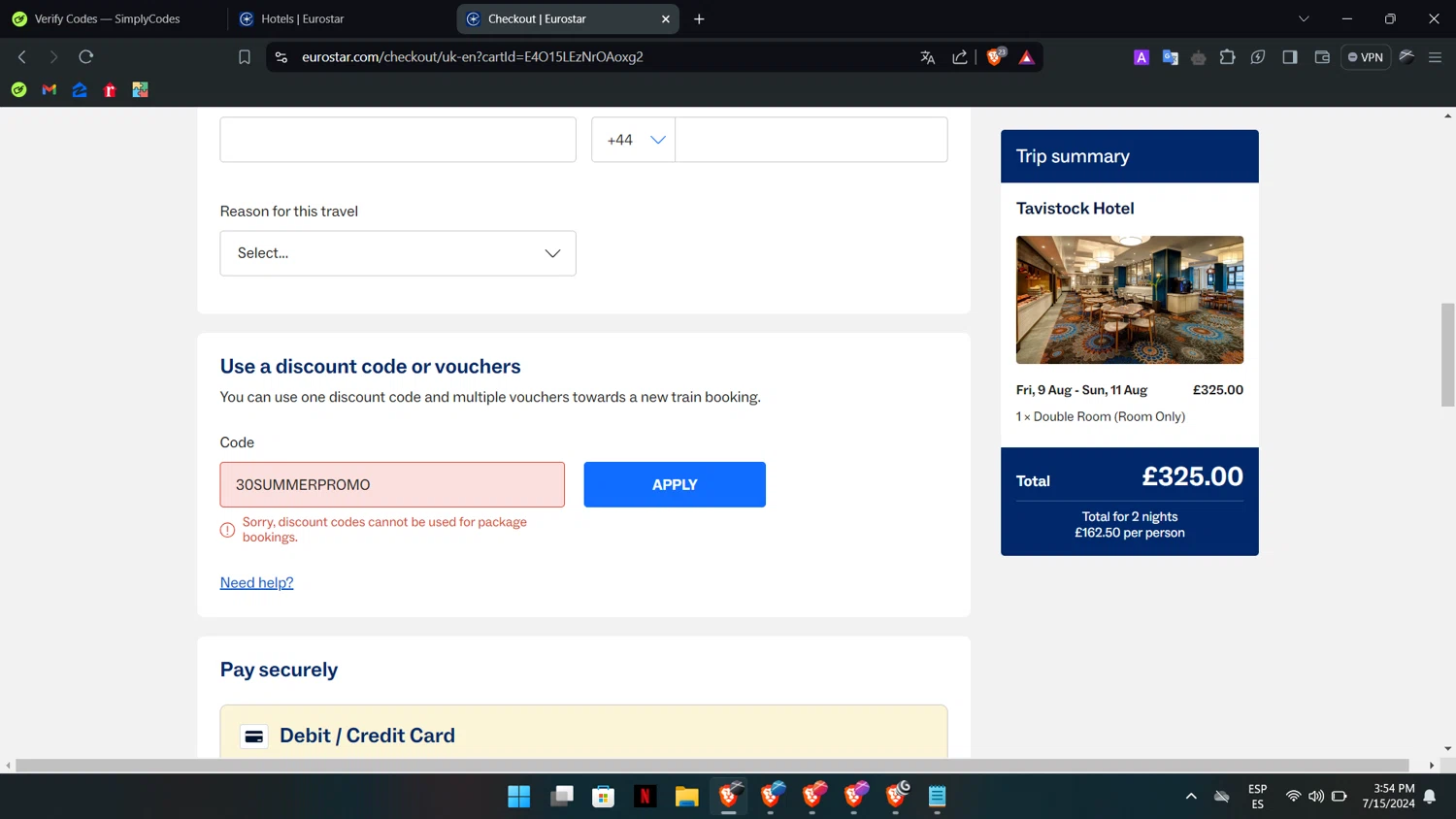 Eurostar Rail checkout page showing Eurostar Rail promo code box | Screenshot taken by SimplyCodes community member on Jul 15, 2024