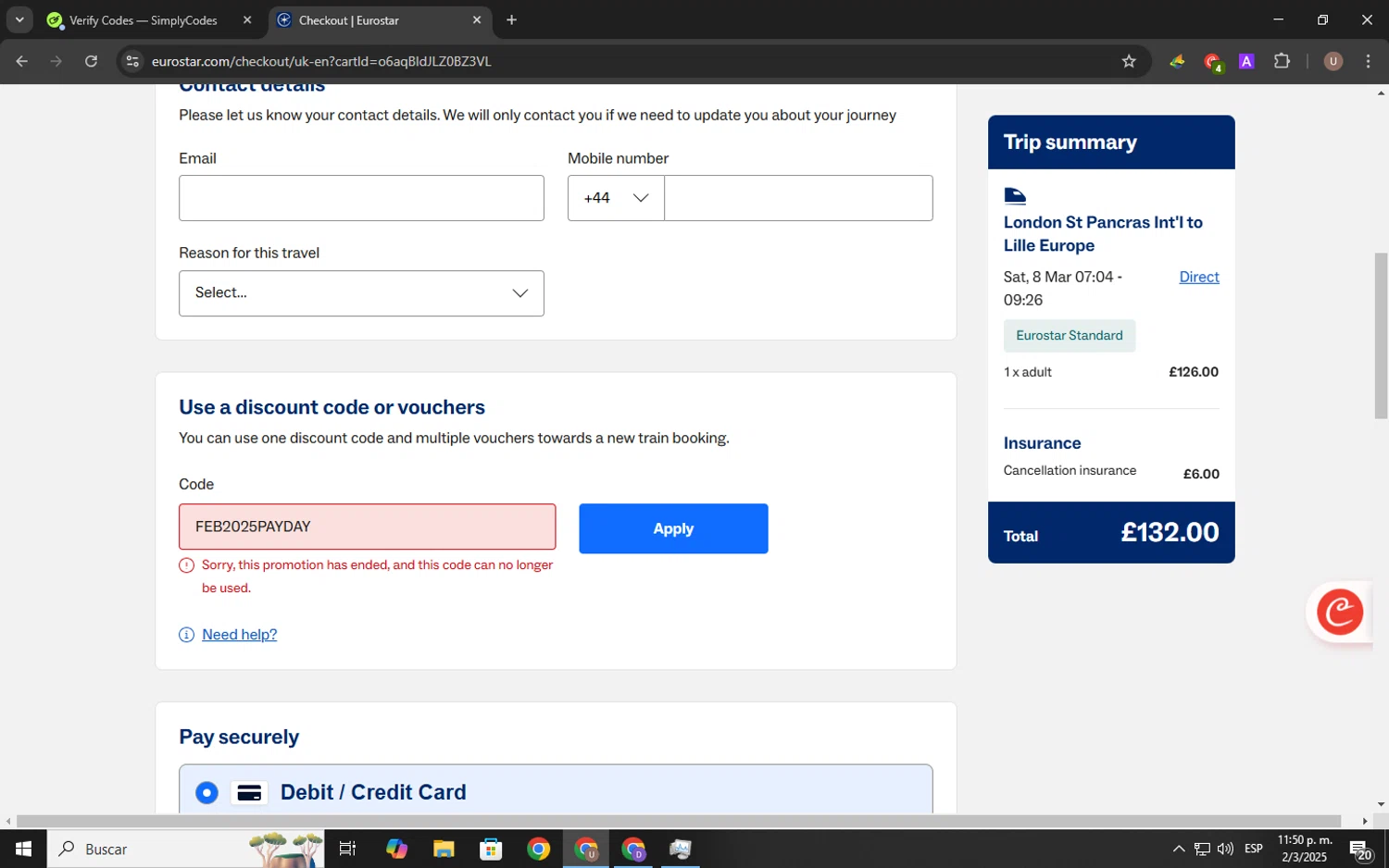 Eurostar Rail promo code screenshot showing code FEB2025PAYDAY applied at Eurostar Rail checkout page. Uploaded by SimplyCodes community member Kelvis_Vargas on Mar 3, 2025