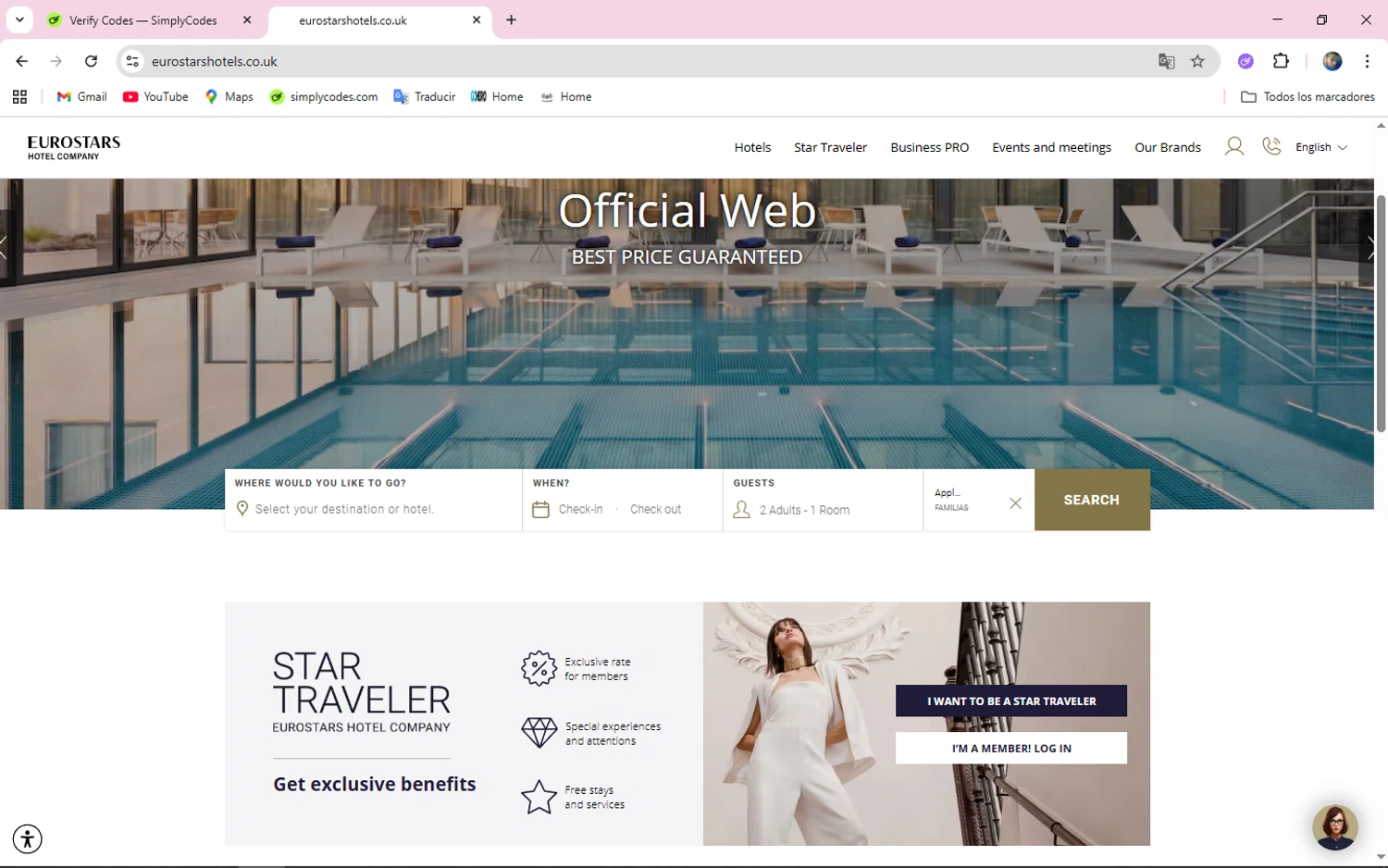 Eurostars Hotels promo code screenshot showing code FAMILIAS applied at Eurostars Hotels checkout page. Uploaded by SimplyCodes community member ELMORADO on Oct 18, 2025