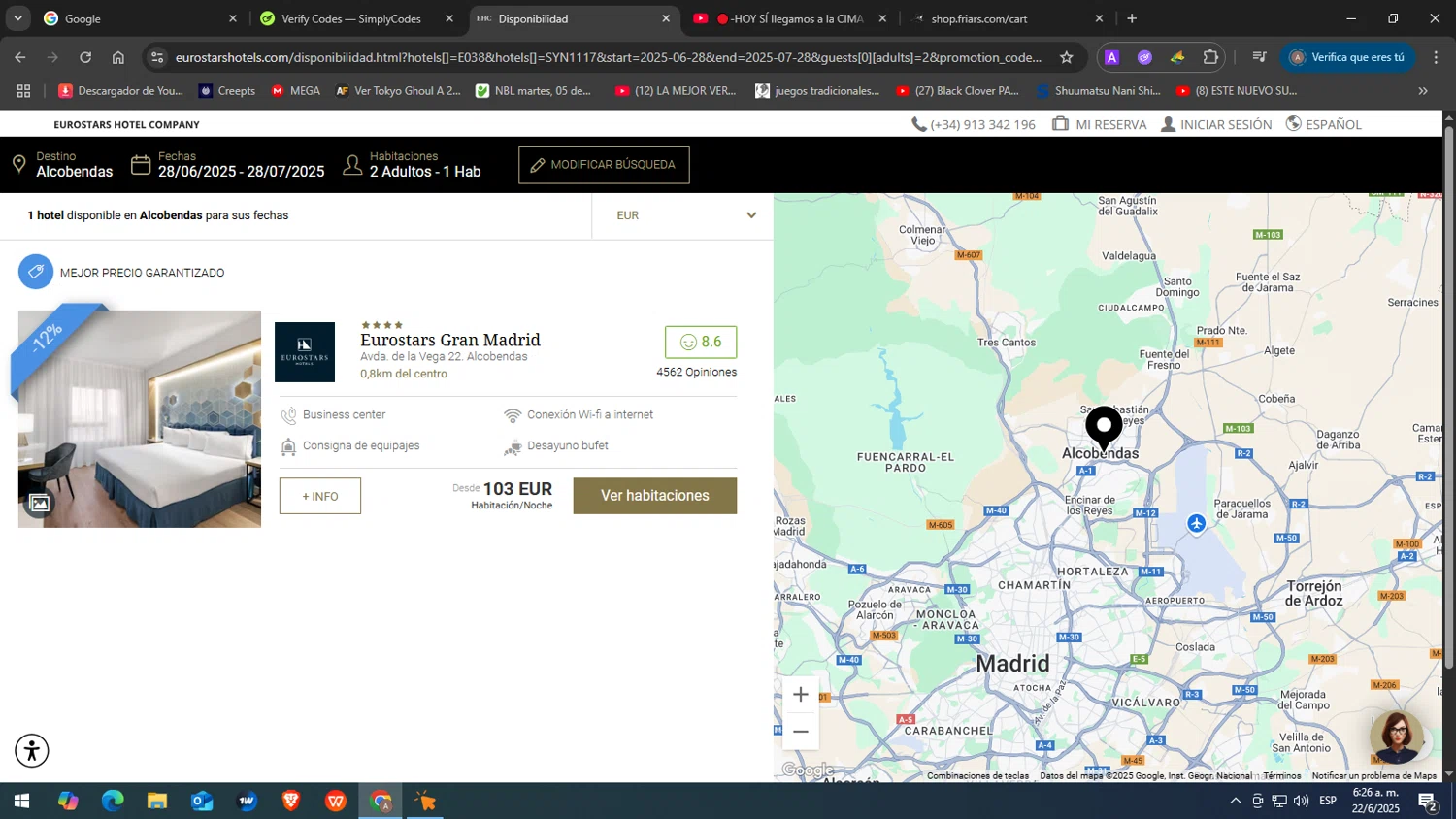 Eurostars Hotels promo code screenshot showing code EUROVIP applied at Eurostars Hotels checkout page. Uploaded by SimplyCodes community member JuanChi on Jun 22, 2025
