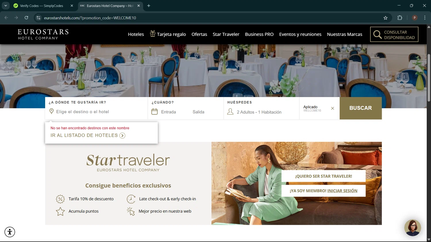 Eurostars Hotels promo code screenshot showing code welcome10 applied at Eurostars Hotels checkout page. Uploaded by SimplyCodes community member ShrewdPro2243 on Apr 27, 2025