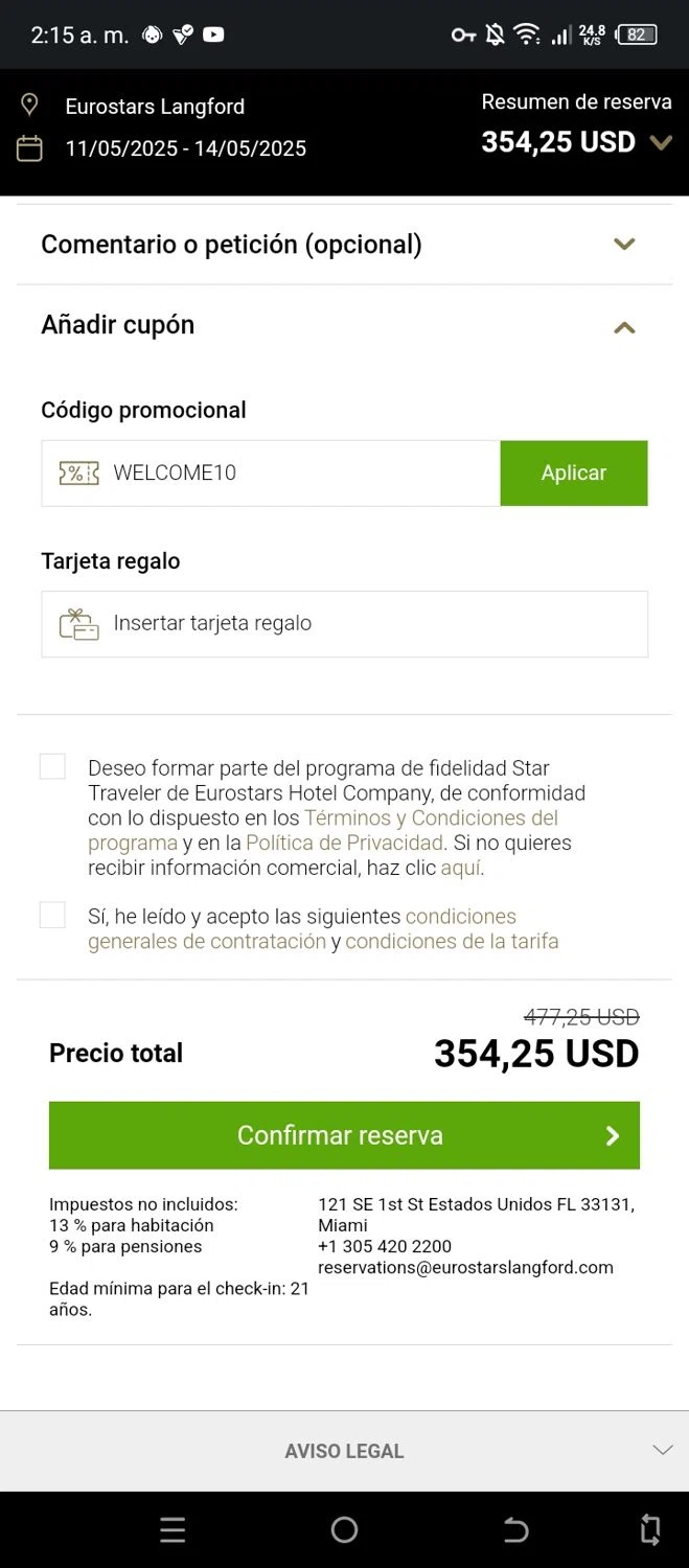 Eurostars Hotels promo code screenshot showing code welcome10 applied at Eurostars Hotels checkout page. Uploaded by SimplyCodes community member CleverSleuth6613 on May 11, 2025