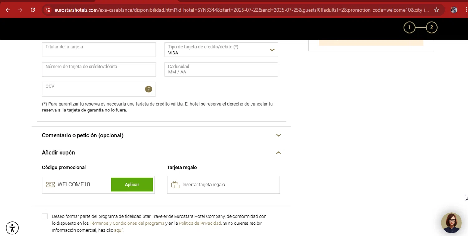 Eurostars Hotels promo code screenshot showing code welcome10 applied at Eurostars Hotels checkout page. Uploaded by SimplyCodes community member kimberlinmartinez on Jun 22, 2025