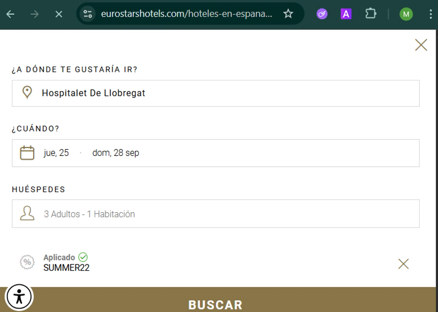 Eurostars Hotels promo code screenshot showing code Summer22 applied at Eurostars Hotels checkout page. Uploaded by SimplyCodes community member MARCVH on Sep 21, 2025