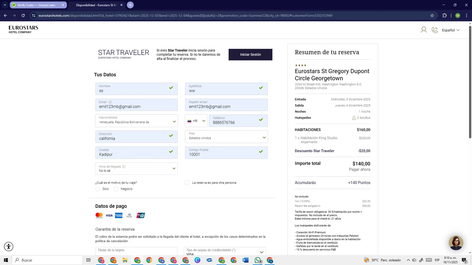Eurostars Hotels promo code screenshot showing code Summer22 applied at Eurostars Hotels checkout page. Uploaded by SimplyCodes community member PrimeSage6924 on Nov 18, 2025