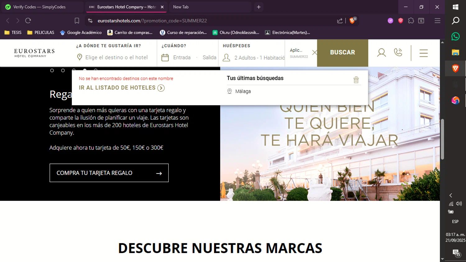 Eurostars Hotels promo code screenshot showing code Summer22 applied at Eurostars Hotels checkout page. Uploaded by SimplyCodes community member xXdevoragoticas69Xx on Sep 21, 2025