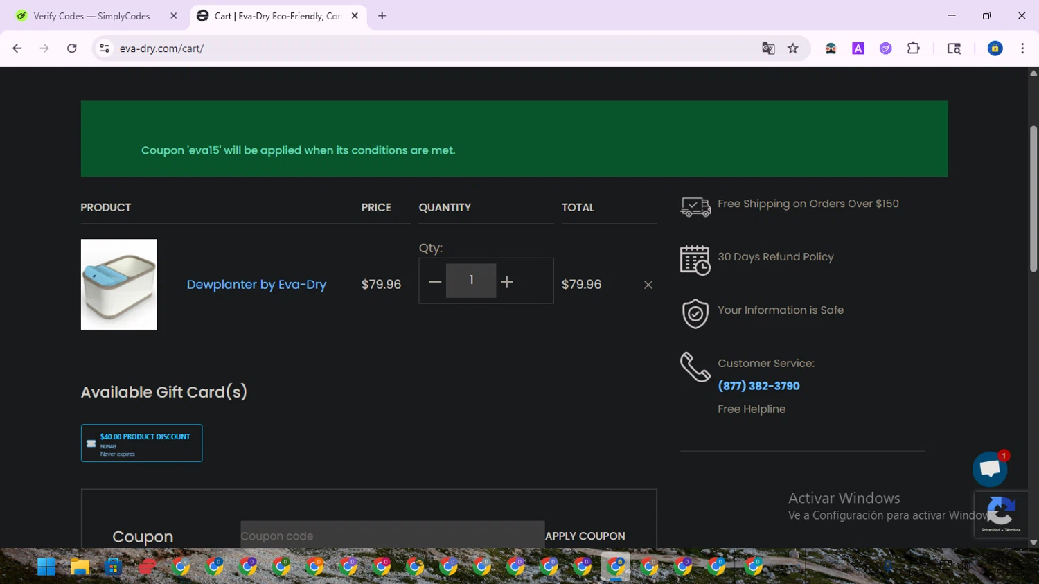 Eva- Dry coupon code screenshot showing code eva15 applied at Eva- Dry checkout page. Uploaded by SimplyCodes community member SwiftWarden6832 on May 26, 2025