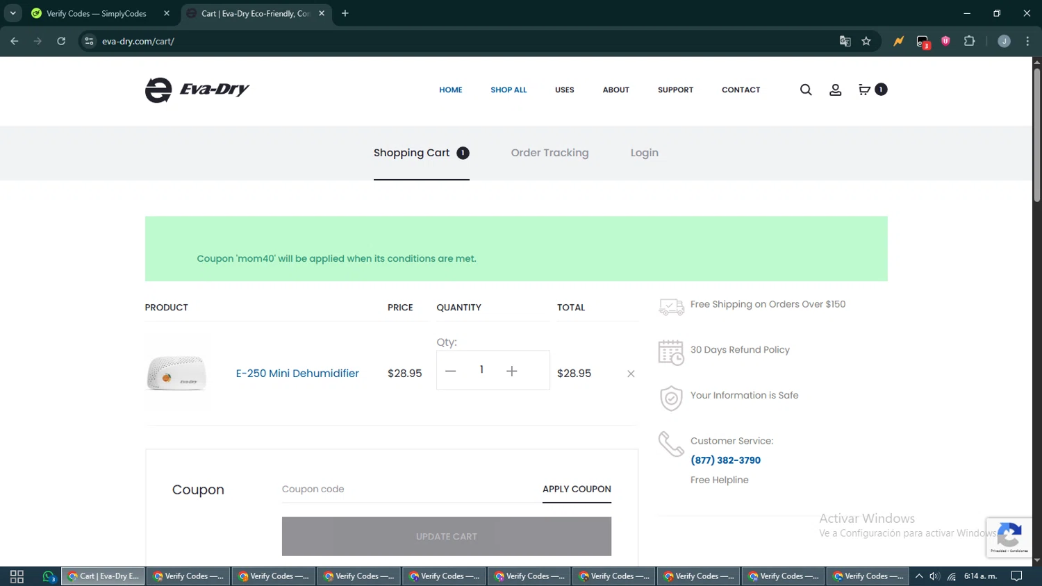 Eva- Dry coupon code screenshot showing code MOM40 applied at Eva- Dry checkout page. Uploaded by SimplyCodes community member CashShopper1214 on Nov 14, 2025