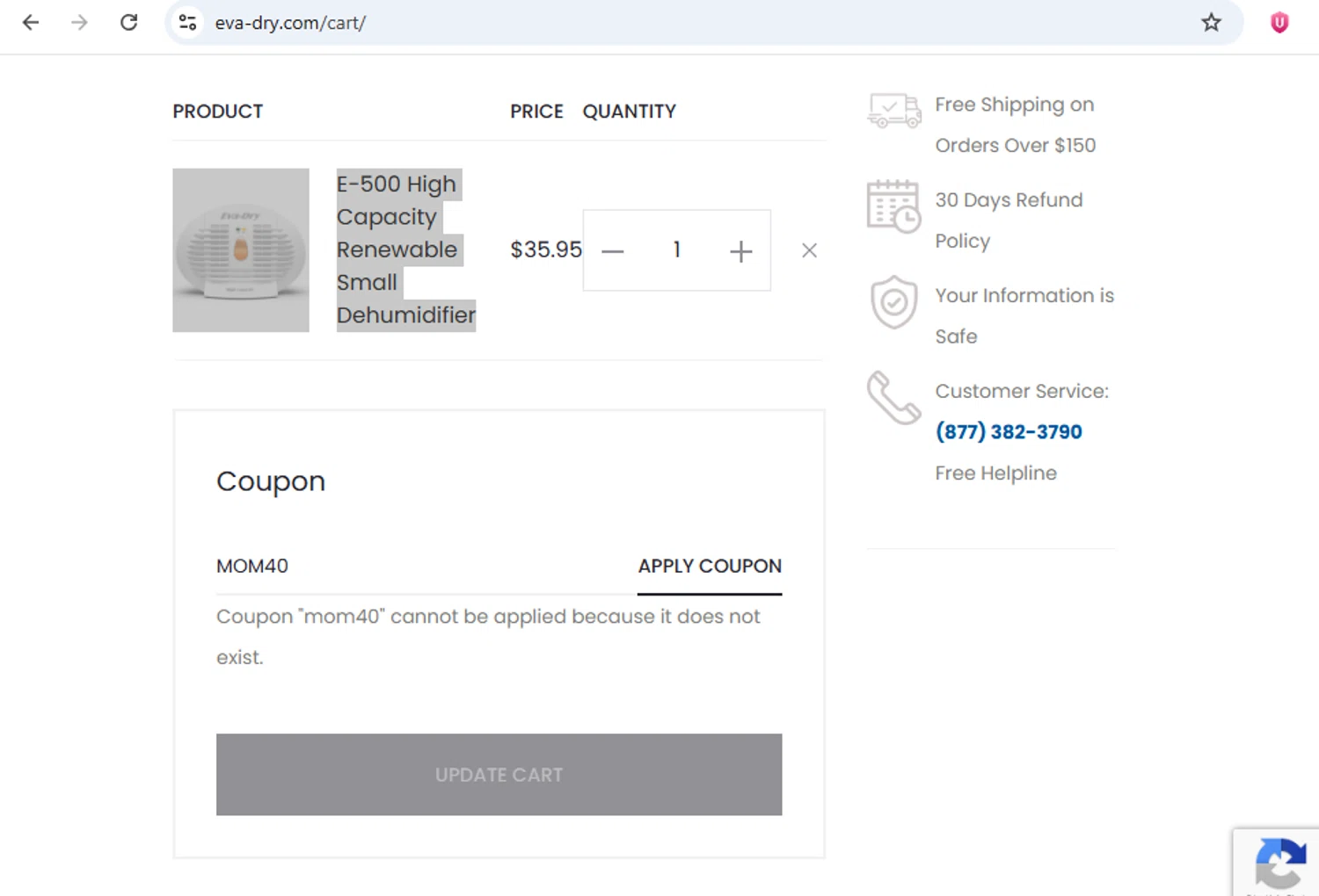 Eva- Dry coupon code screenshot showing code MOM40 applied at Eva- Dry checkout page. Uploaded by SimplyCodes community member yhlmdlgn on Dec 13, 2025