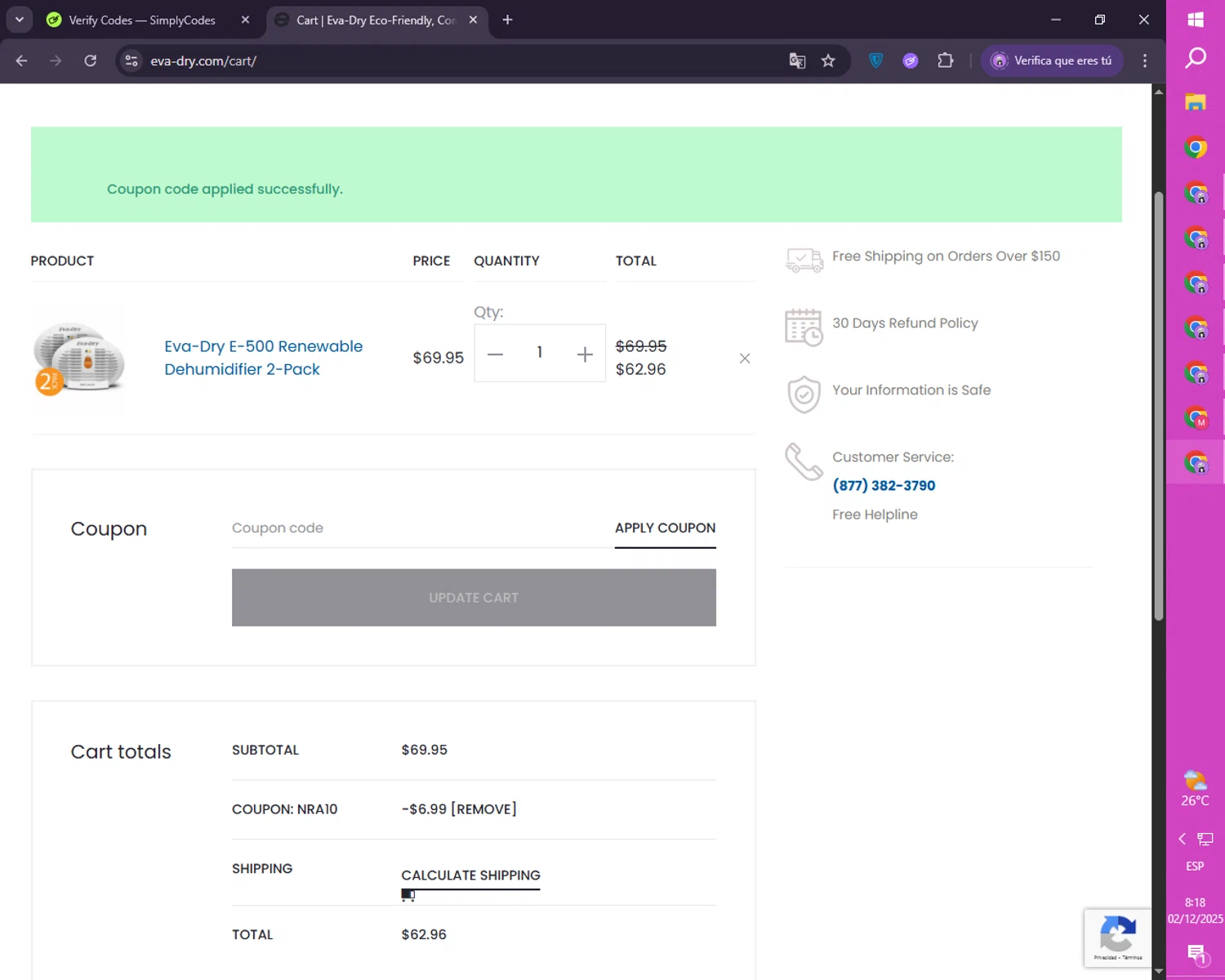 Eva- Dry coupon code screenshot showing code NRA10 applied at Eva- Dry checkout page. Uploaded by SimplyCodes community member CoinRanger7926 on Dec 2, 2025