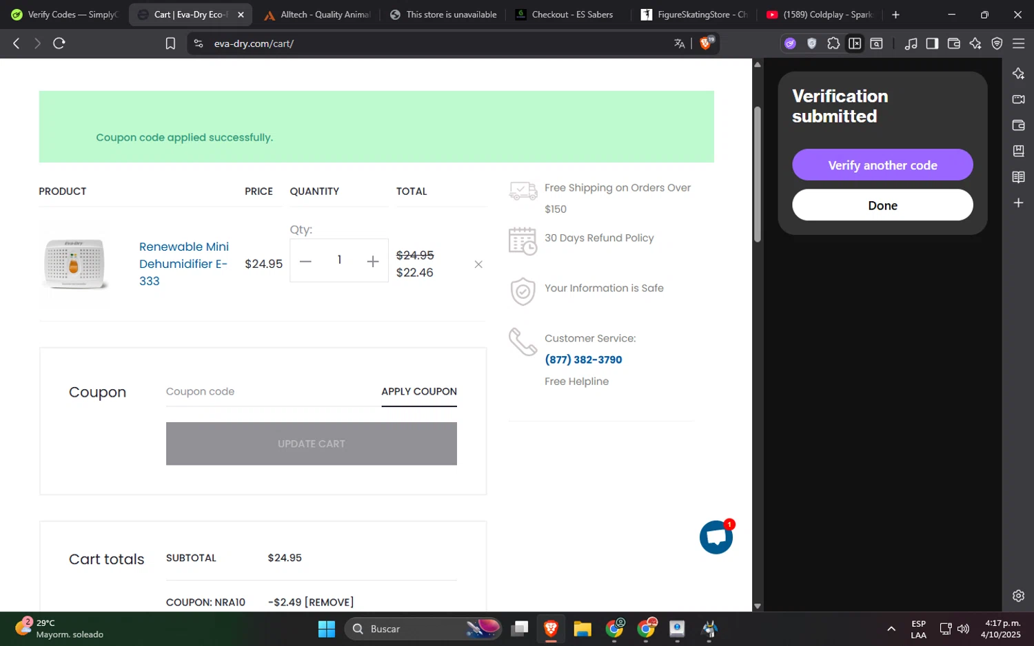 Eva- Dry coupon code screenshot showing code NRA10 applied at Eva- Dry checkout page. Uploaded by SimplyCodes community member SucreX on Oct 4, 2025