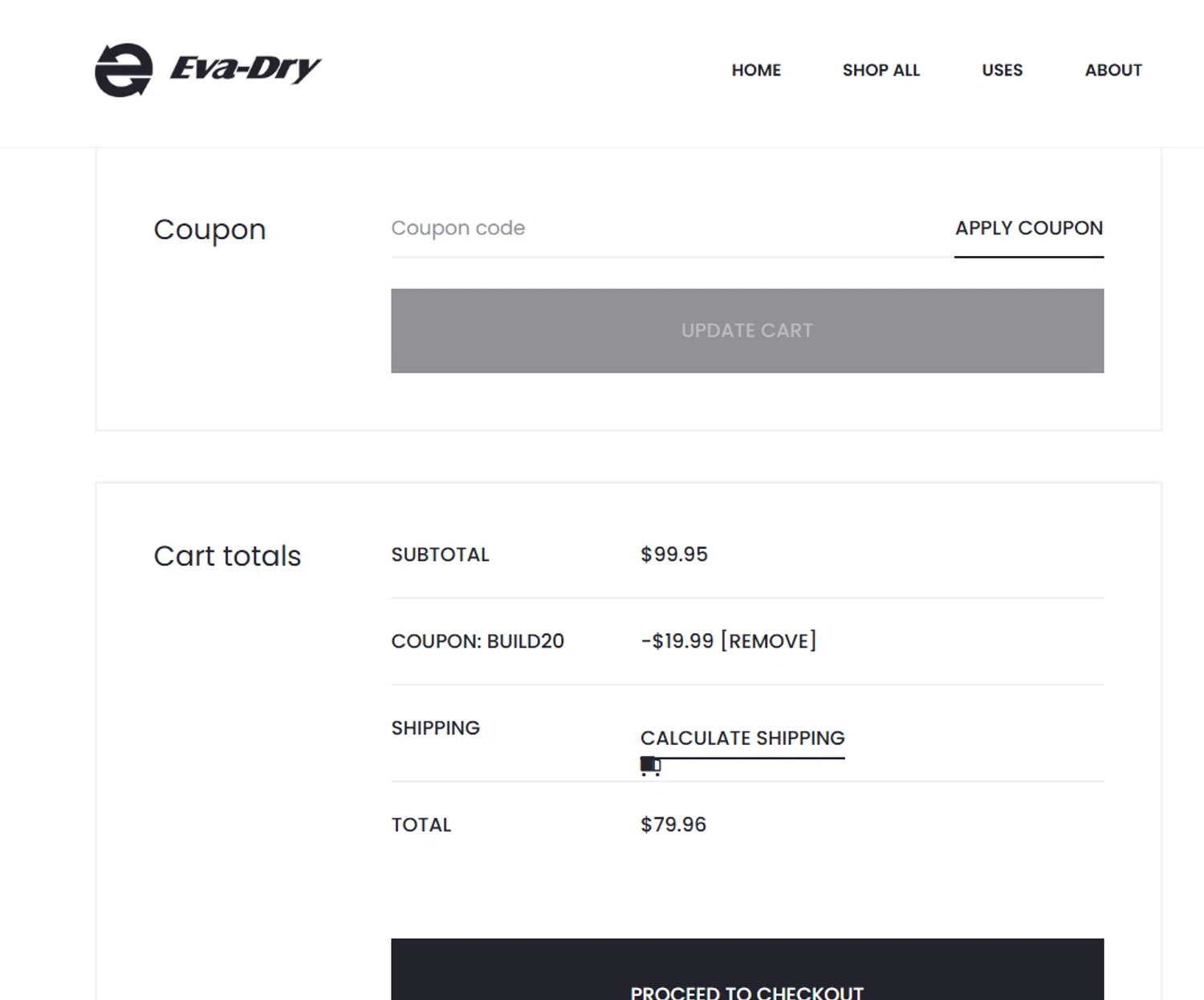 Eva- Dry coupon code screenshot showing code build20 applied at Eva- Dry checkout page. Uploaded by SimplyCodes community member RebatePilot8693 on Oct 15, 2025