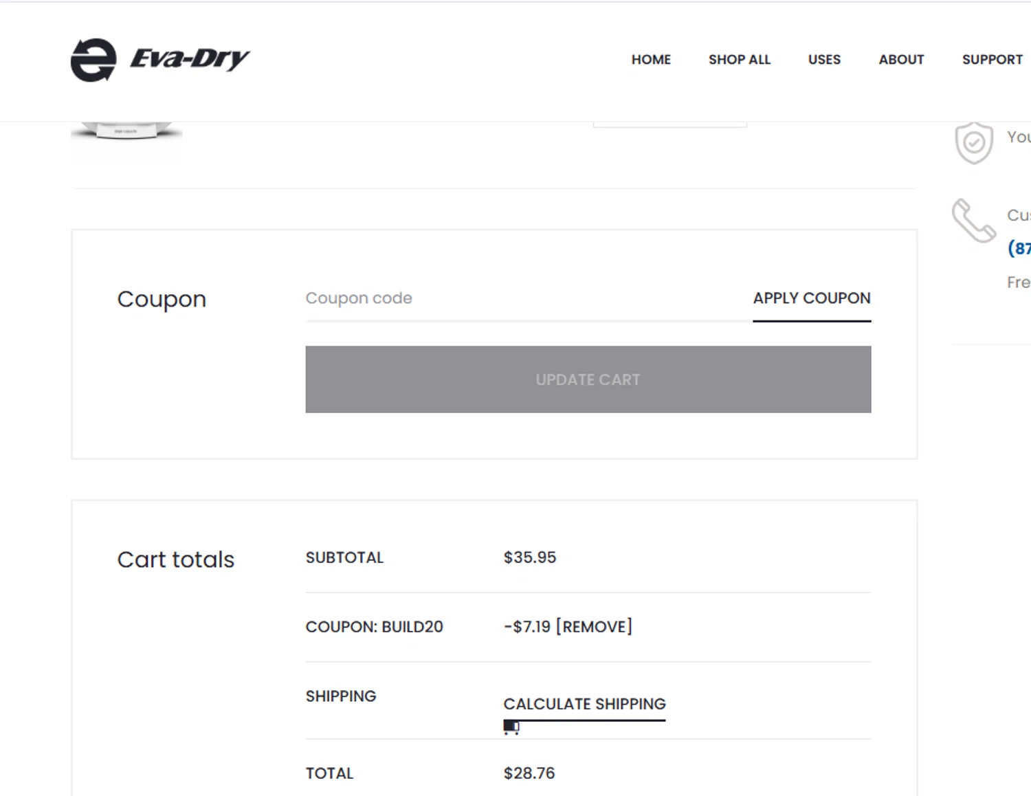 Eva- Dry coupon code screenshot showing code build20 applied at Eva- Dry checkout page. Uploaded by SimplyCodes community member ashe1986 on Sep 16, 2025