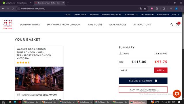 Evan Evans Tours checkout page showing Evan Evans Tours promo code box | Screenshot taken by SimplyCodes community member on Jun 12, 2025