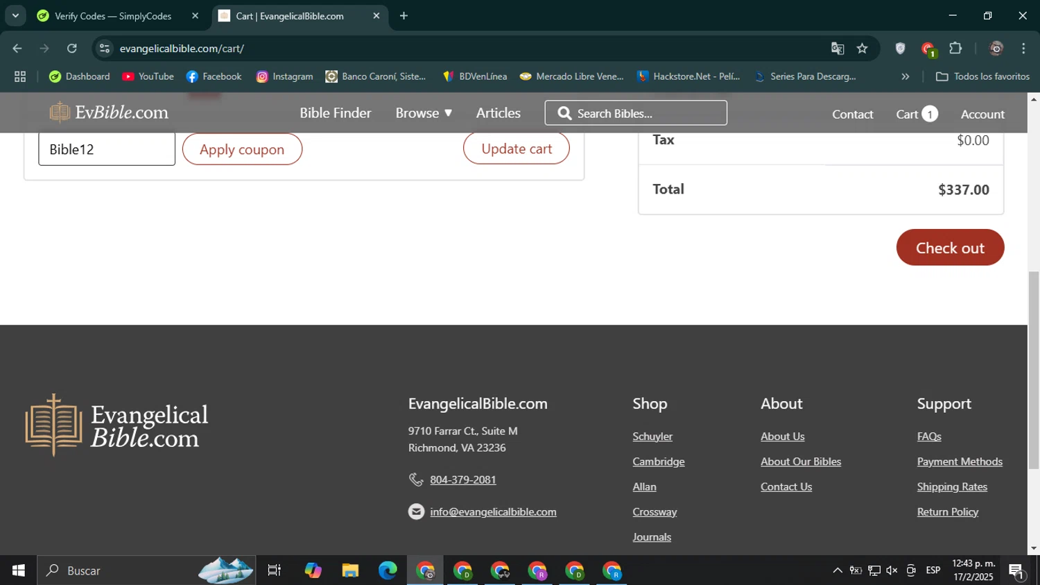 EvangelicalBible.com coupon code screenshot showing code Bible12 applied at EvangelicalBible.com checkout page. Uploaded by SimplyCodes community member Mroctober06 on Feb 17, 2025