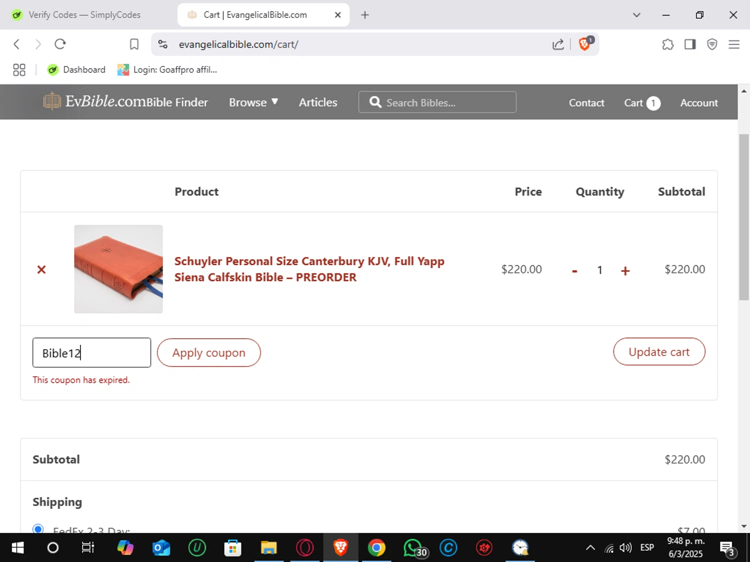 EvangelicalBible.com coupon code screenshot showing code Bible12 applied at EvangelicalBible.com checkout page. Uploaded by SimplyCodes community member Sungjinwoo on Mar 7, 2025