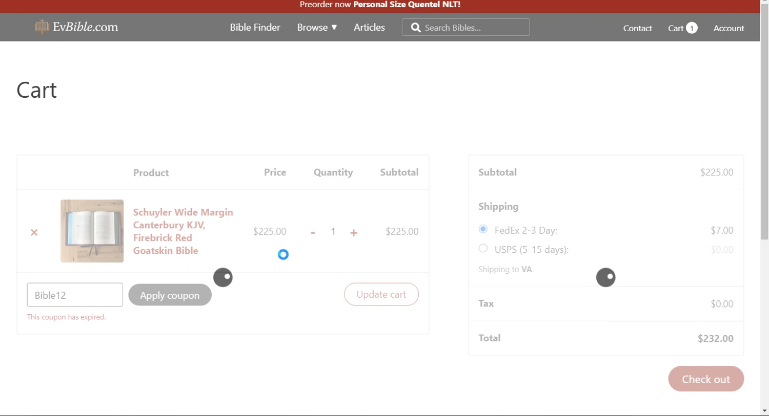 EvangelicalBible.com coupon code screenshot showing code Bible12 applied at EvangelicalBible.com checkout page. Uploaded by SimplyCodes community member Rayyyyyy on Mar 22, 2025